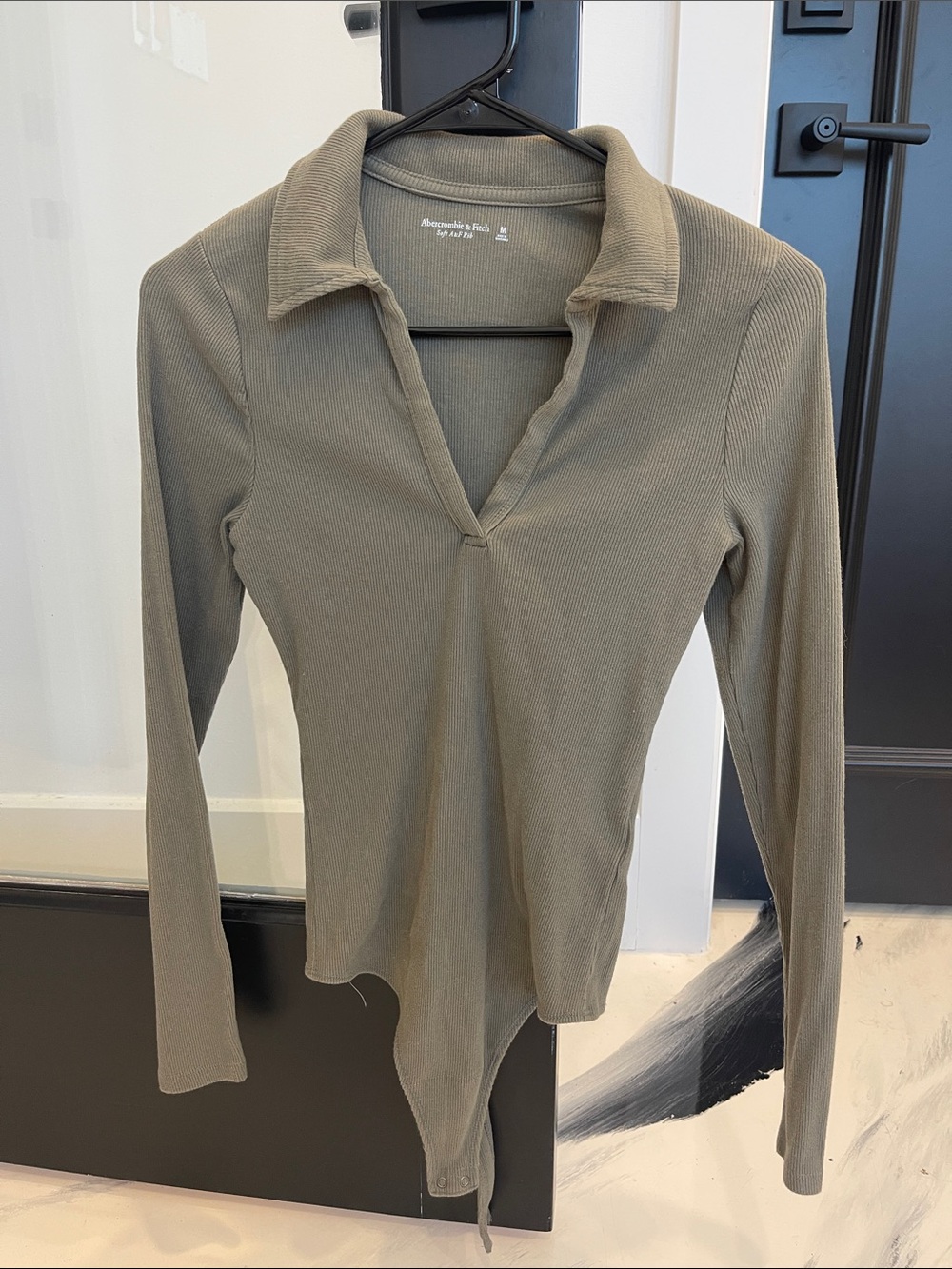 Abercrombie & Fitch Olive Ribbed Long-Sleeve Polo Bodysuit
